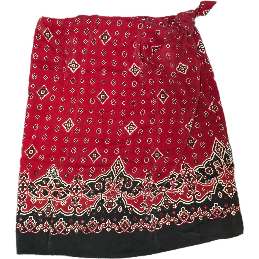 Vintage 90's Anne Klein II Wrap Skirt Women M Red Silk Geometric Border Print